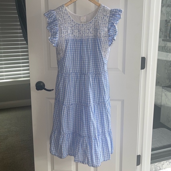 J. MARIE Women's Coco Midi Dress Blue White Gingham Lace Accent Prairie Tier XS - Picture 6 of 9